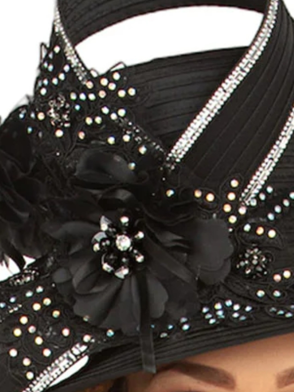 Black Embellished Church Hat with Floral Accent - Picture 3 of 7